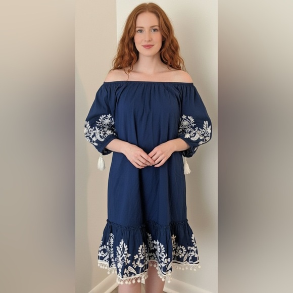DEBBIE KATZ Boho Blue Off Shoulder Embroidered Pompoms Tassels Dress Cover Up S - Picture 1 of 10